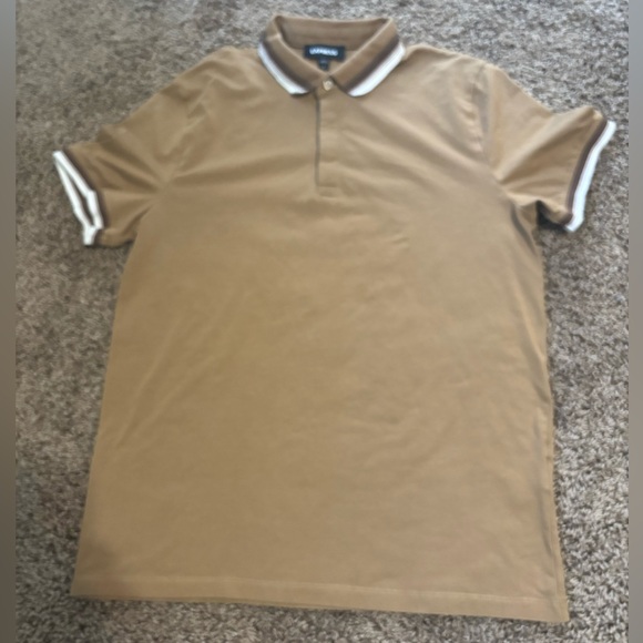 Express Polo Shirt Short Sleeve Casual Tan Brown with Striped Collar Mens M - Picture 1 of 6